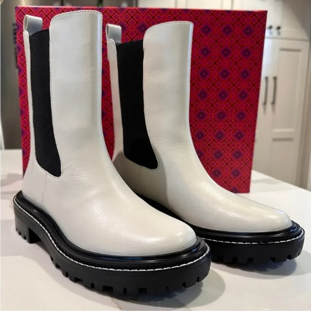 Tory Burch Benton Chelsea Boot Size 8 White Leather Black Lug Platform Sole New